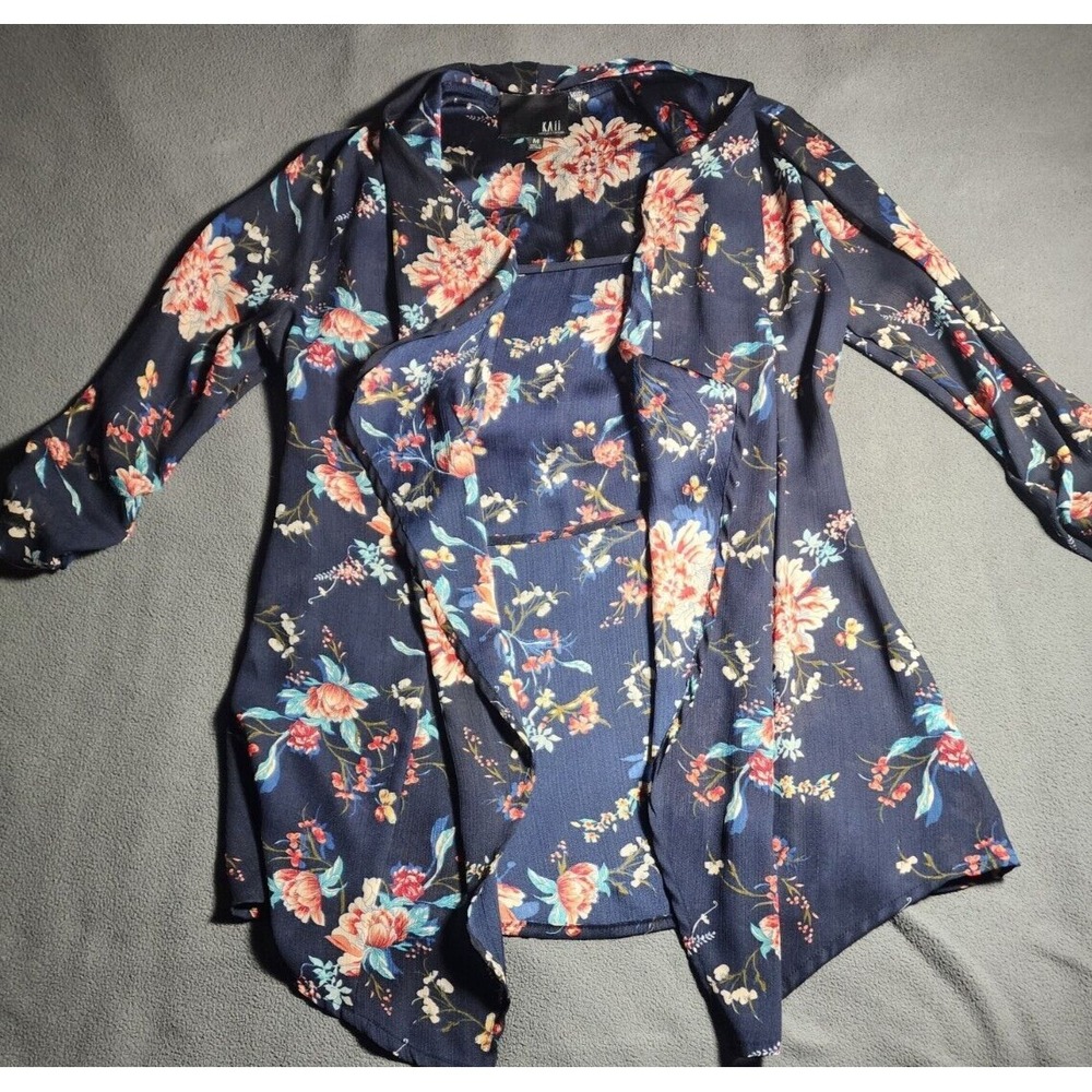 Kaii Los Angeles Top Women Medium Navy Blue Floral 3/4 Sleeve Cardigan